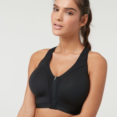 Leqinhk474517 Black Active Sports High Impact Dry Tech Zip Front Bra B-GG