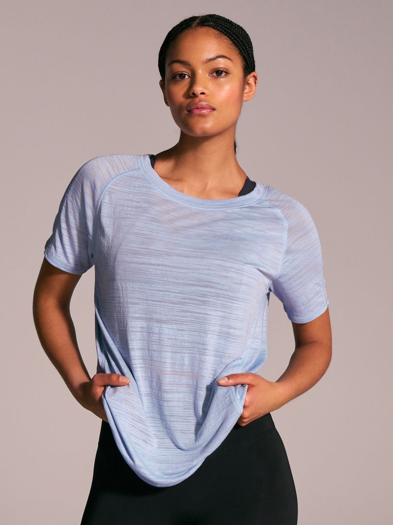Leqinhk474526 Blue Crew Neck Lightweight Short Sleeve T-Shirt