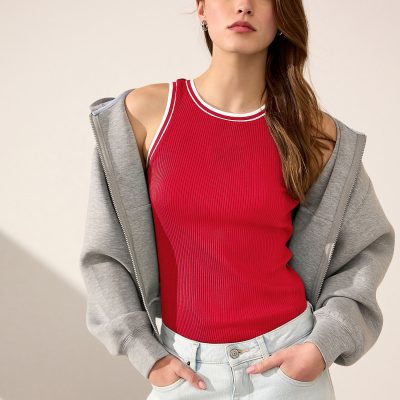 Leqinhk474537 Red/White Ribbed Racer Tank Vest Sleeveless Top