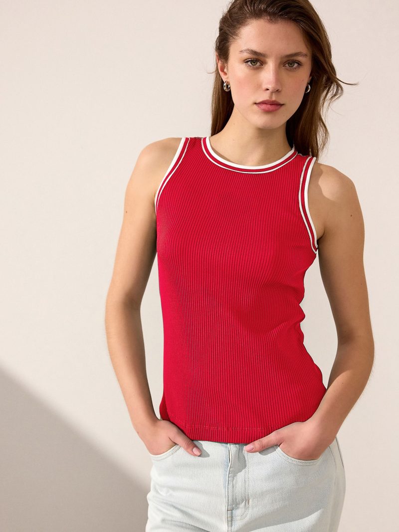 Leqinhk474537 Red/White Ribbed Racer Tank Vest Sleeveless Top - Image 2