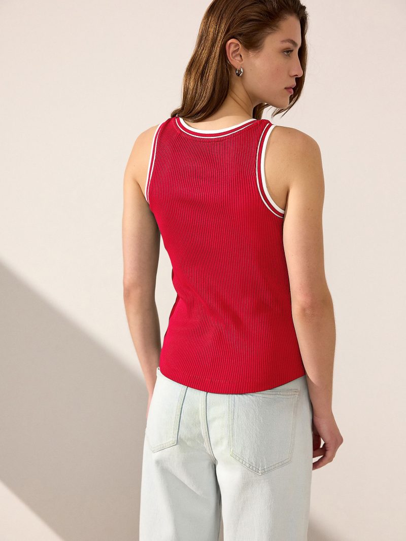 Leqinhk474537 Red/White Ribbed Racer Tank Vest Sleeveless Top - Image 3