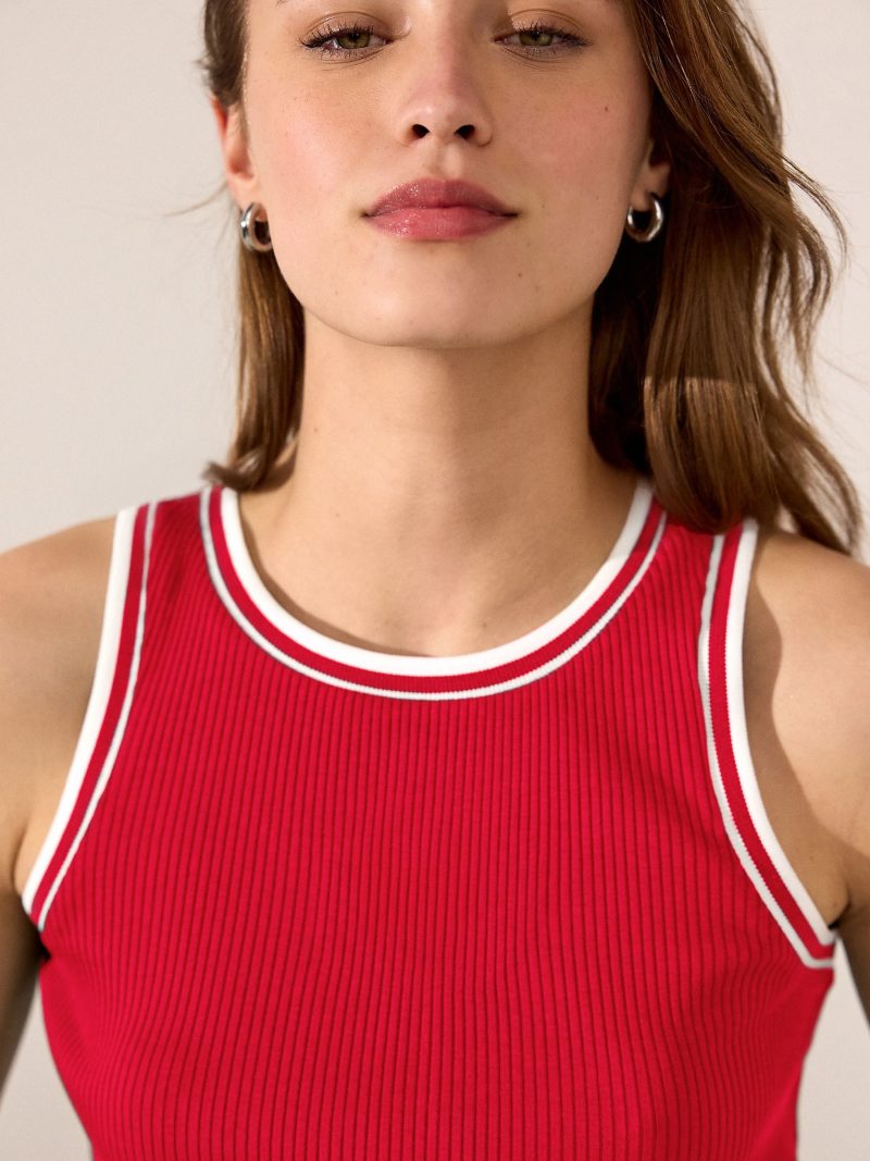 Leqinhk474537 Red/White Ribbed Racer Tank Vest Sleeveless Top - Image 4