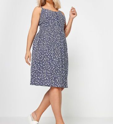 Leqinhk474572 Blue Navy Ditsy Floral Print Strappy Sundress