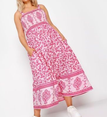Leqinhk474568 Pink Limited Border Shirred Maxi Dress