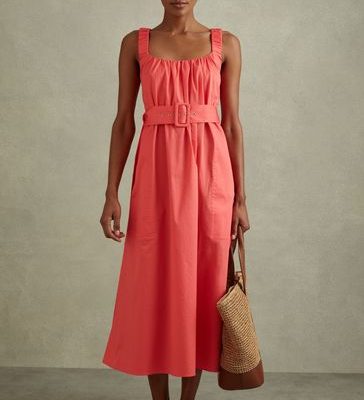 Leqinhk474573 Cotton Ruched Strap Belted Midi Dress