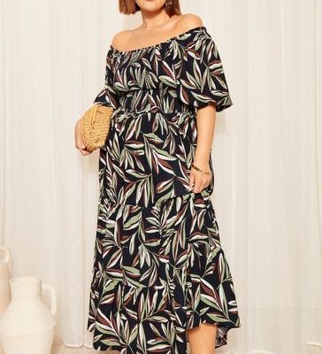 Leqinhk474566 Black Palm Print Shirred Maxi Dress