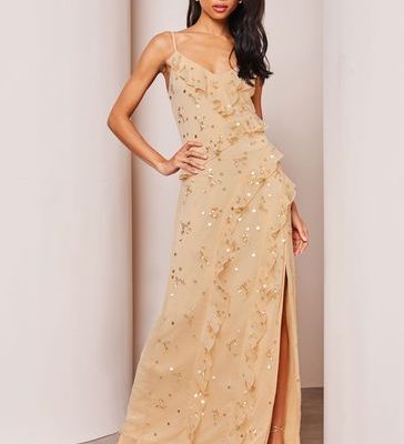 Leqinhk474576 Gold Petite Sequin Ruffle Cami Summer Maxi Dress