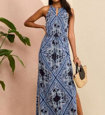 Leqinhk474569 Blue Paisley Halter Neck Trim Detail Jersey Maxi Dress