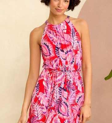 Leqinhk474577 Pink Parrot Halter Neck Mini Jersey Dress